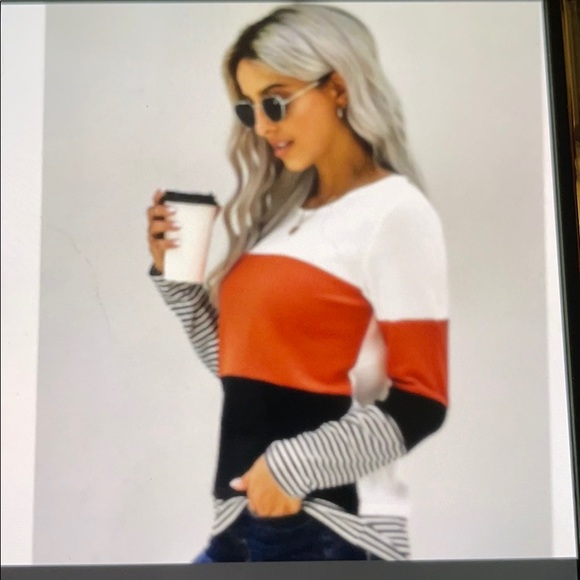 Stylish color block splicing striped red top - Picture 4 of 8